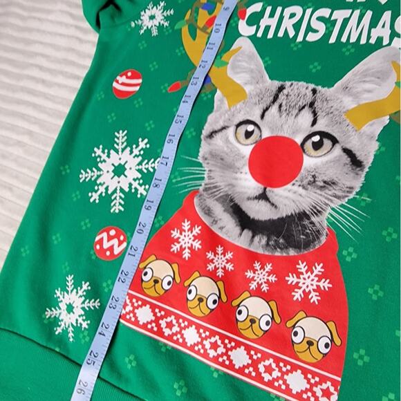 Ugly Christmas Sweater Sweatshirt Green Meowy Christmas Cat Size Large Party - Picture 5 of 7